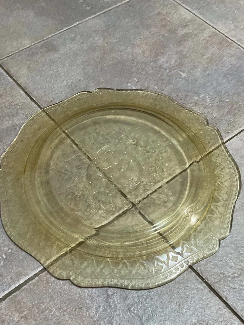Rare yellow depression glass dinner plate.- Elegant Table Accent